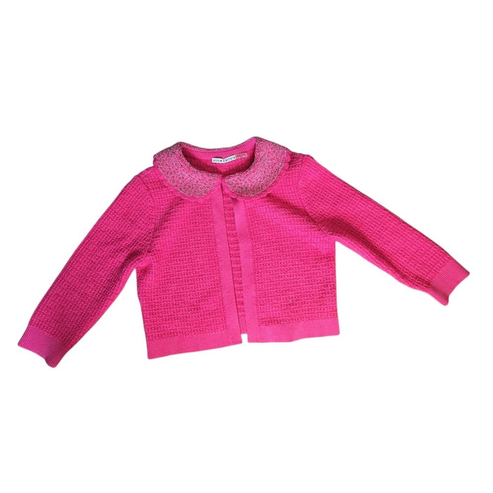 Alice + Olivia Akira Cropped Embellished Pink Tinsel Waffleknit Cardigan Medium - Picture 3 of 7